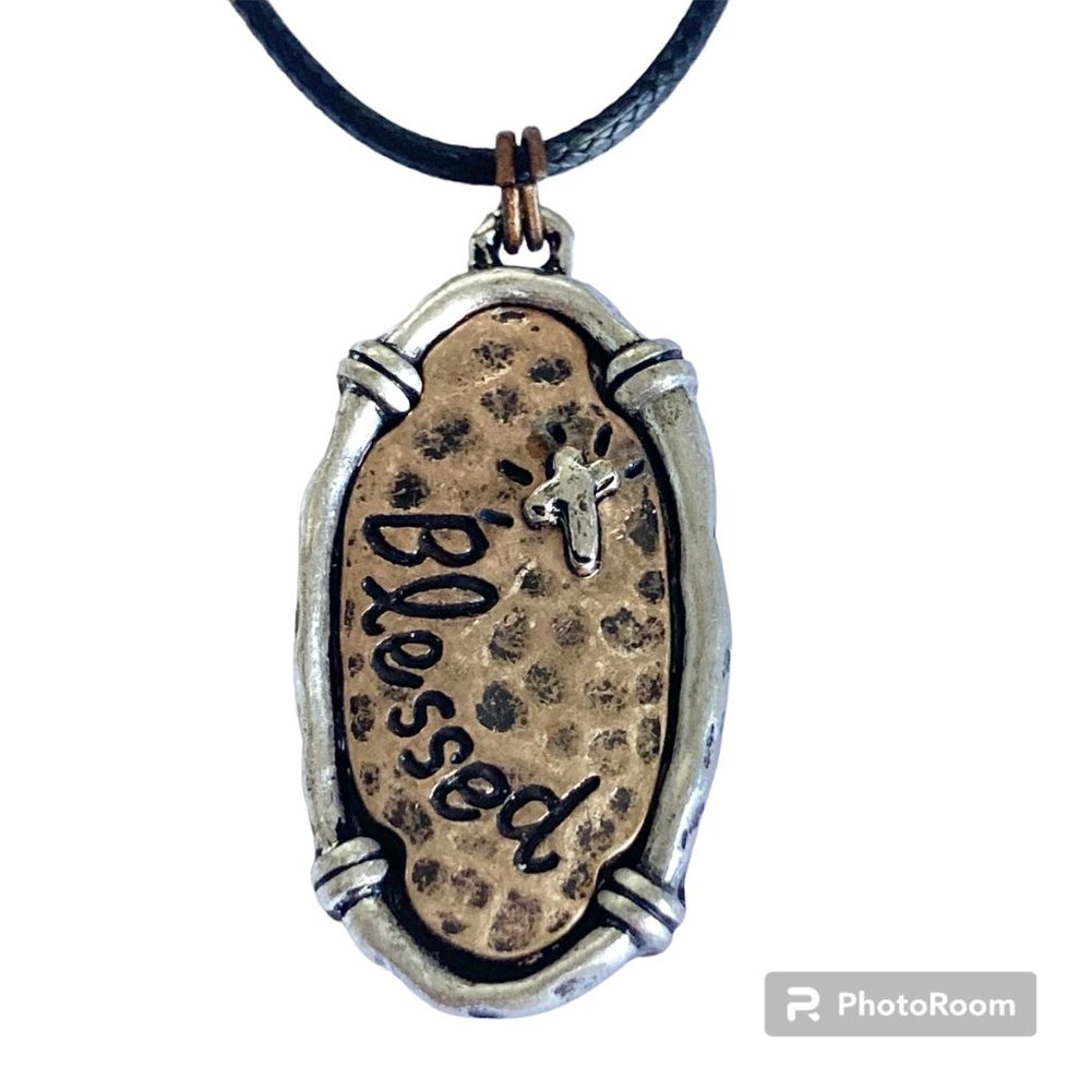 Cross BLESSED Pendant Necklace Copper Silver Plated 18-19" Christian Message